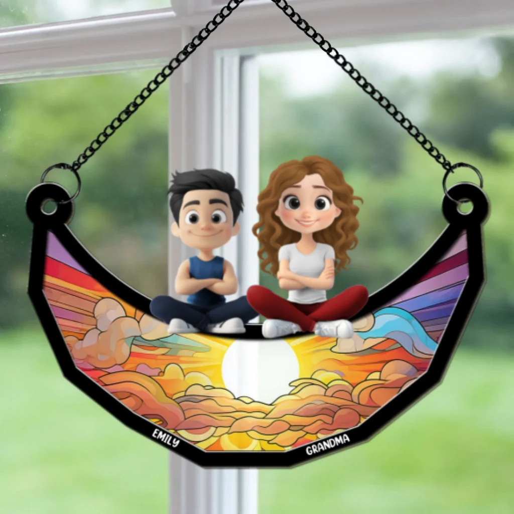 Children Grandma Mom Sitting On The Moon - Personalized Custom Suncatcher - Image 5