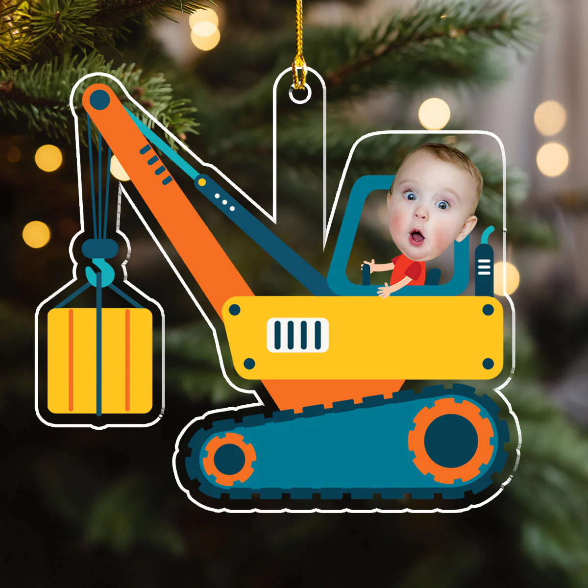 Christmas Boy Riding Construction Vehicle - Personalized Custom Acrylic Ornament - Image 2