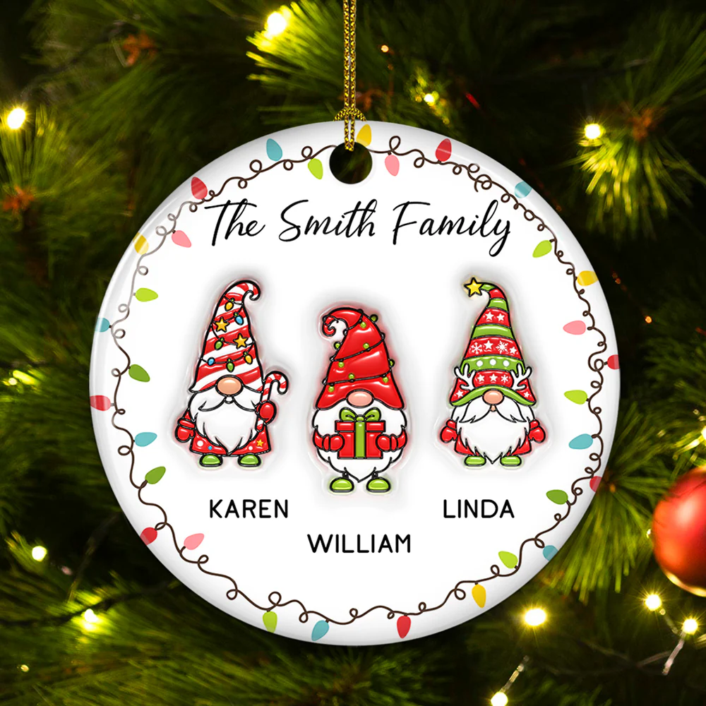 Christmas Gnomes Family - Personalized Custom 3D Inflated Effect Ceramic Ornament