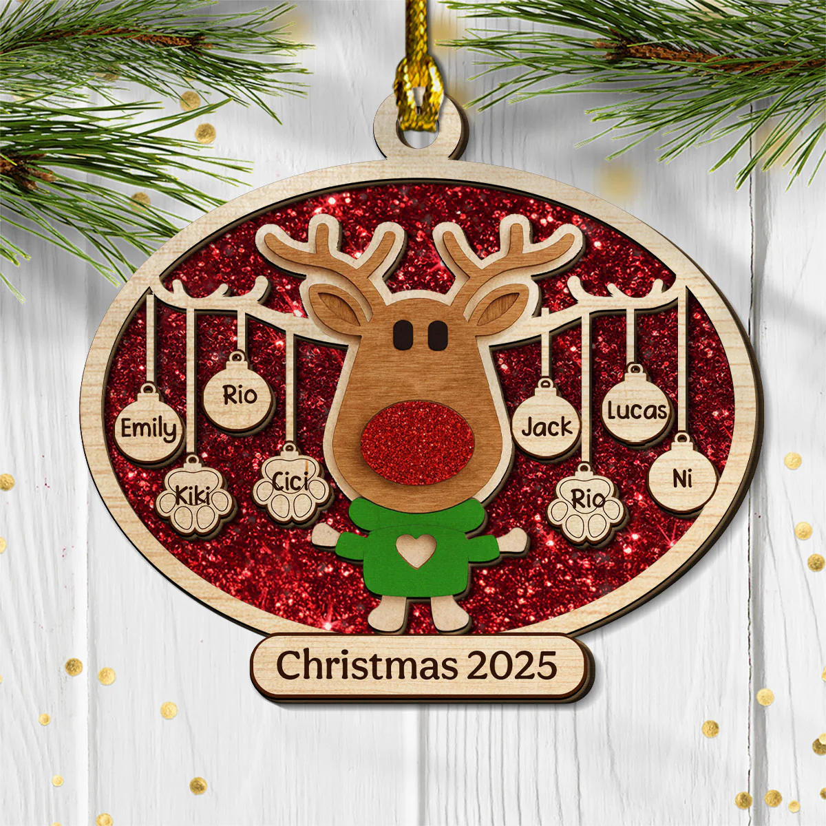 Christmas Reindeer Family Forever - Personalized Custom 2-layered Wood Ornament - Image 4