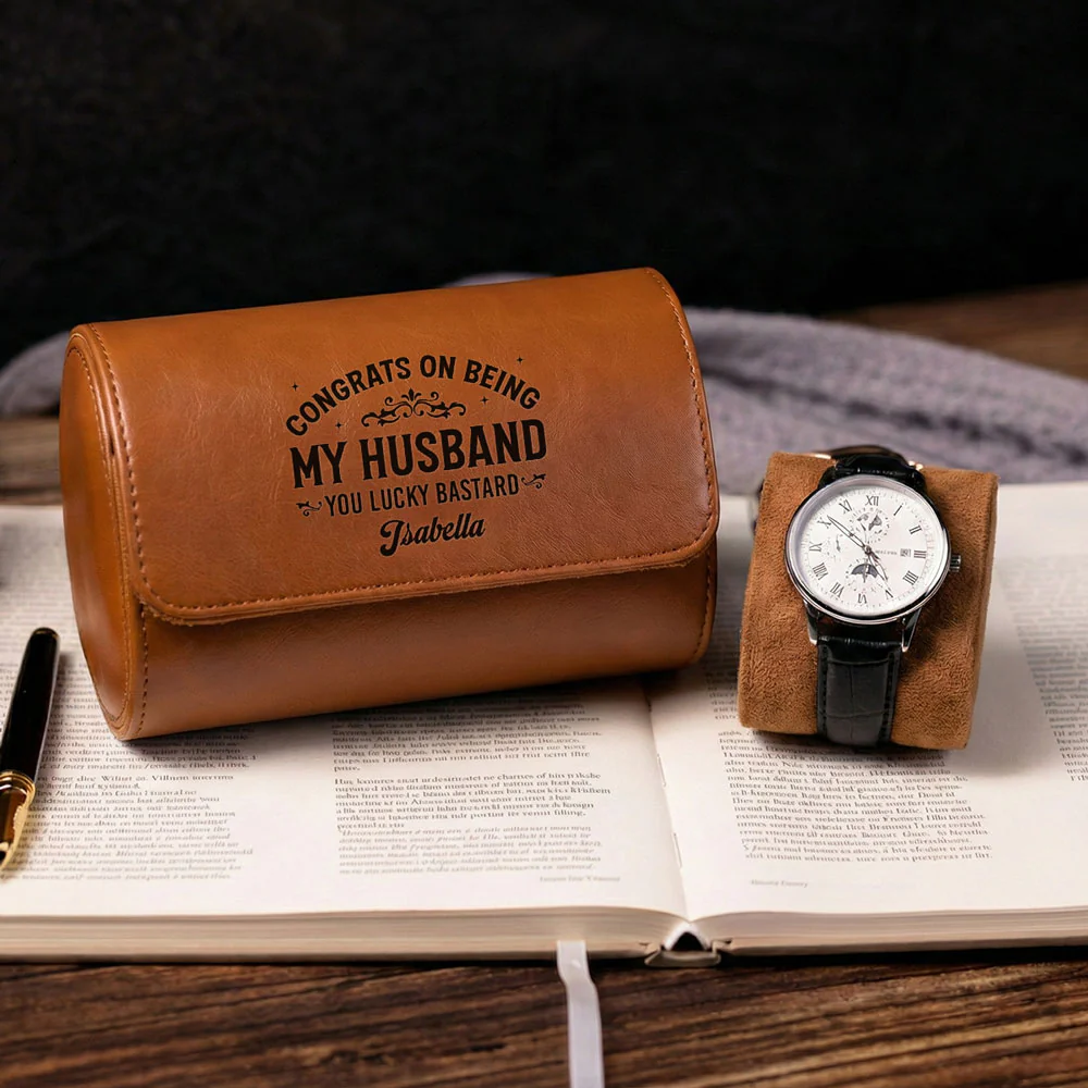 Congrats On Being My Husband - Personalized Custom Leather Watch Case - Image 3