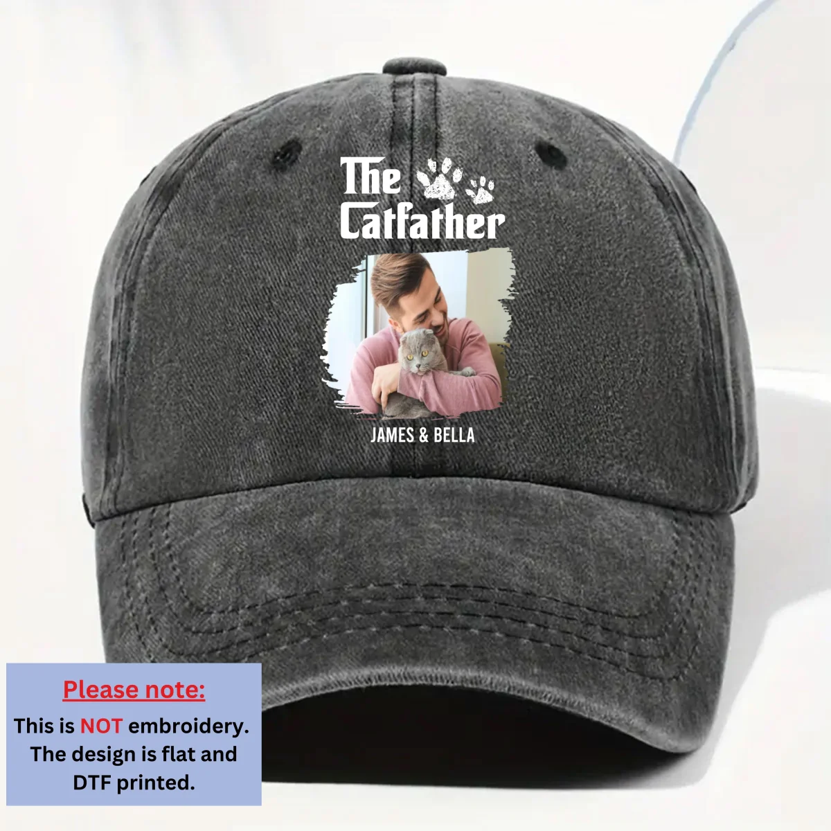 Cool Cat Father Retro Photo - Personalized Custom Vintage Washed Denim Cap - Image 5
