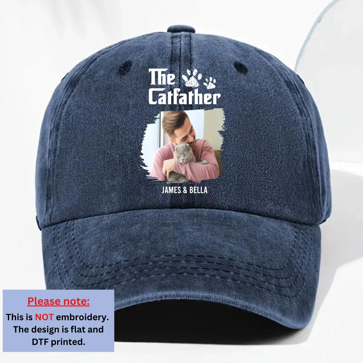 Cool Cat Father Retro Photo - Personalized Custom Vintage Washed Denim Cap - Image 7