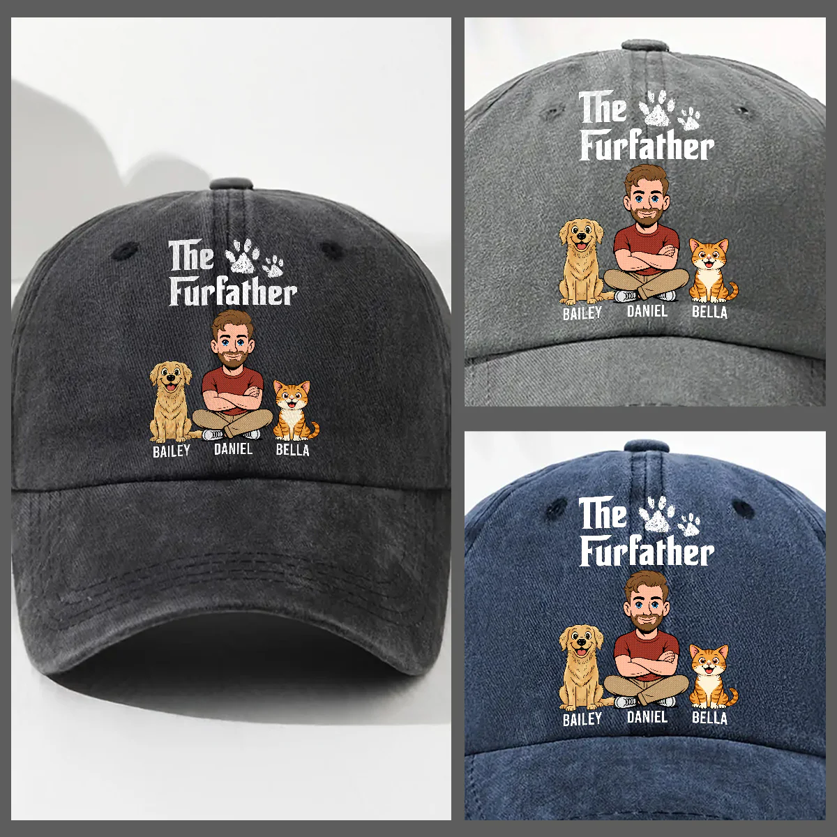 Cool Fur Father Retro - Personalized Custom Vintage Washed Denim Cap - Image 3