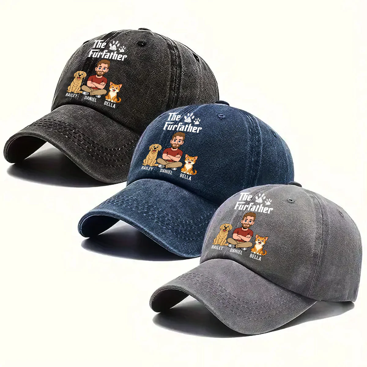 Cool Fur Father Retro - Personalized Custom Vintage Washed Denim Cap - Image 4