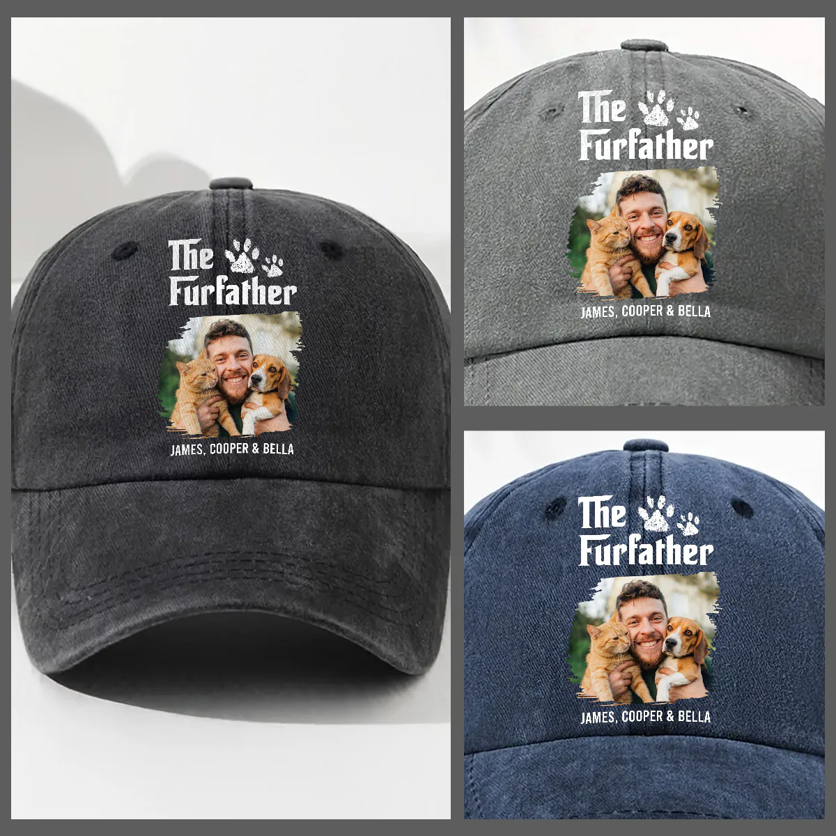Cool Fur Father Retro Photo - Personalized Custom Vintage Washed Denim Cap - Image 2