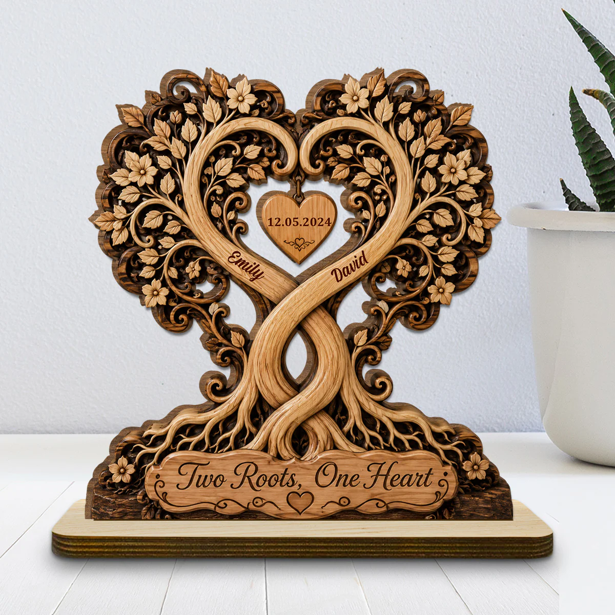 Couple Heart Tree - Personalized Custom 2-Layer Wood Plaque With Flat Base - Image 2