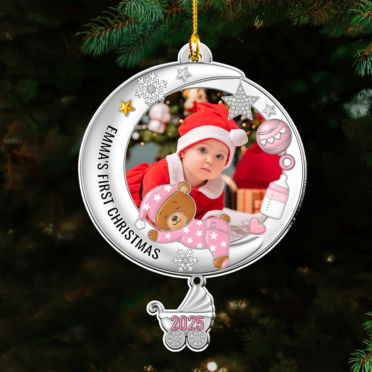 Cute Baby In The Moon Christmas - Personalized Custom Acrylic Ornament - Image 5