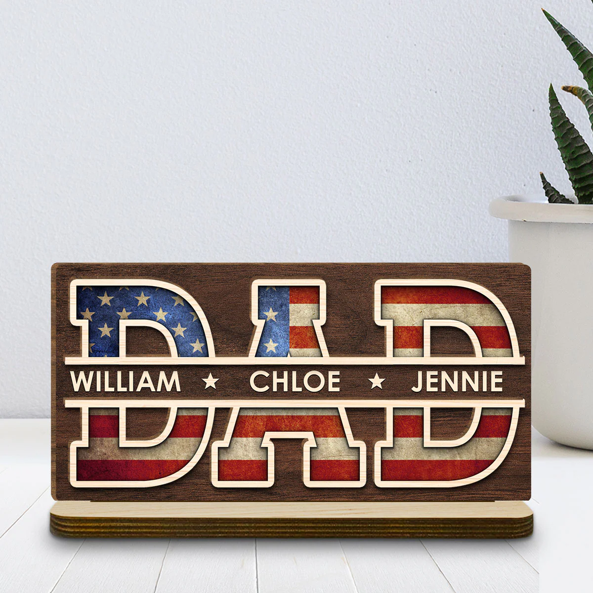 Dad America - Personalized Custom 2-Layer Wood Plaque With Flat Base - Image 2