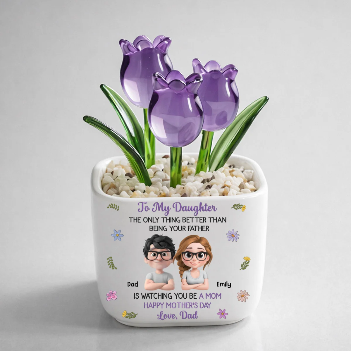 Dad And Daughter Linked Together Cartoon - Personalized Custom Glass Everlasting Tulips - Image 12