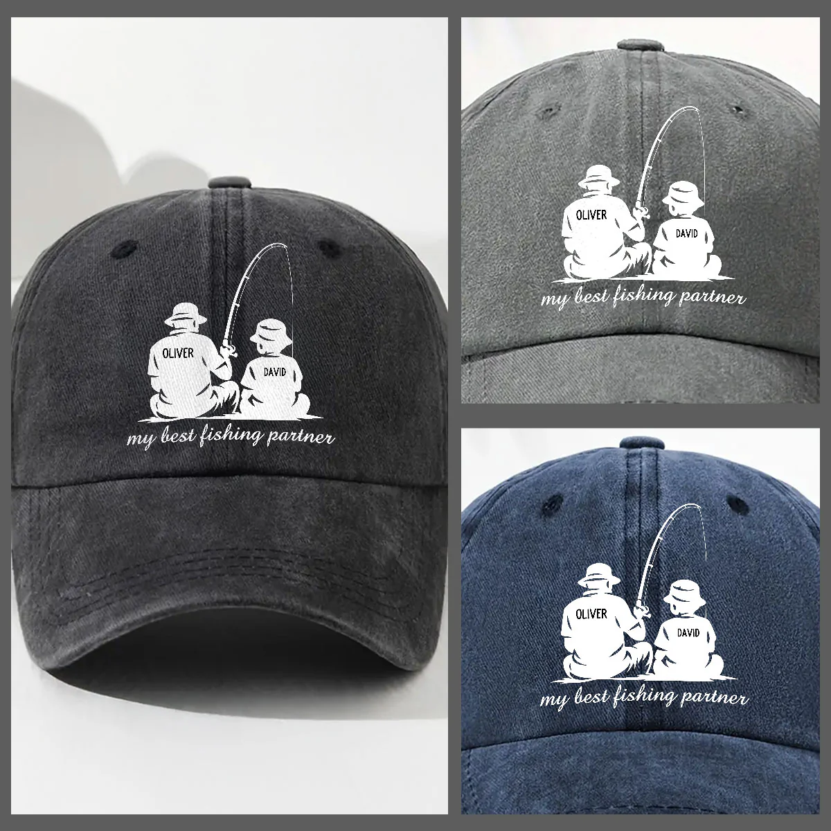 Dad And Son Fishing Memories - Personalized Custom Vintage Washed Denim Cap - Image 4