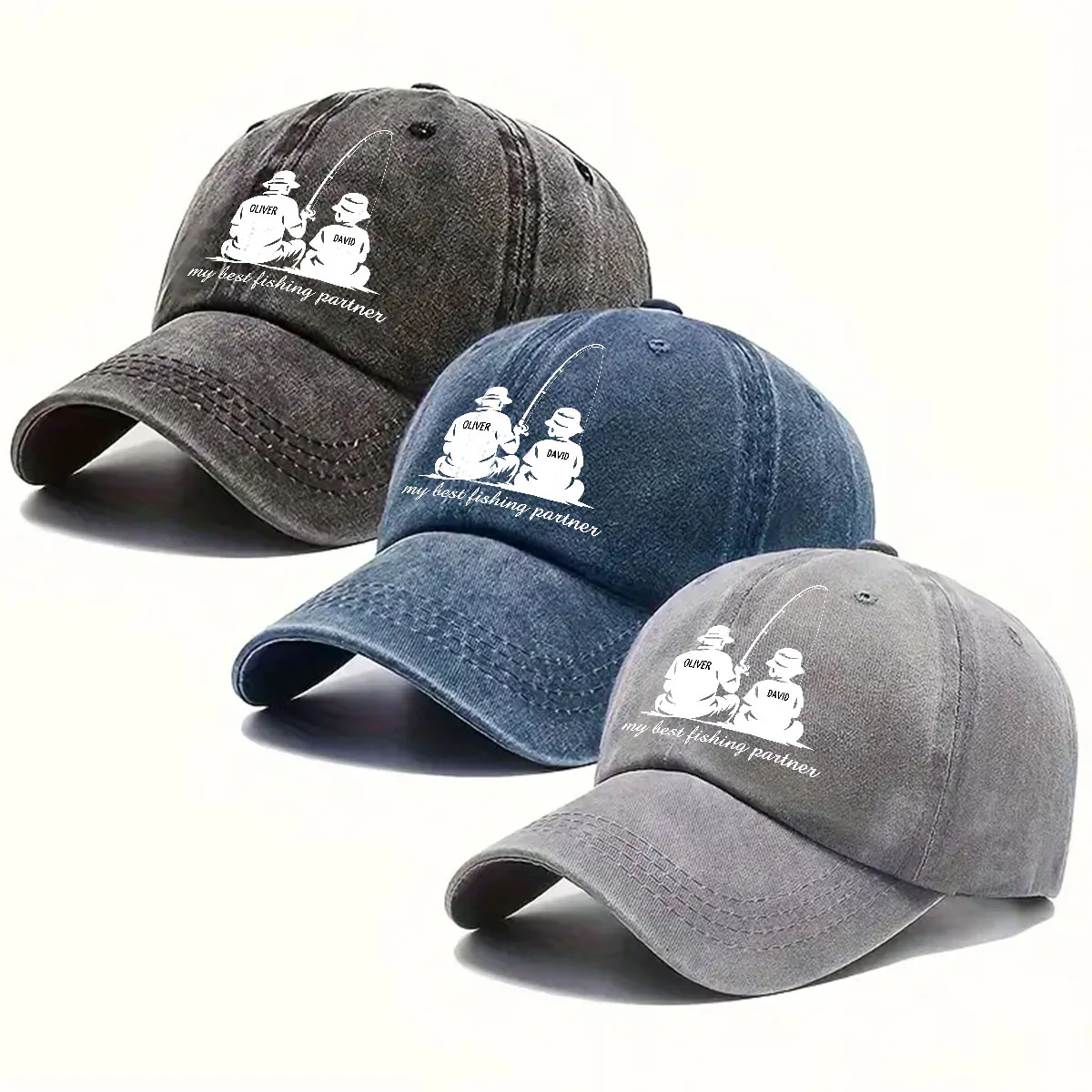 Dad And Son Fishing Memories - Personalized Custom Vintage Washed Denim Cap - Image 5