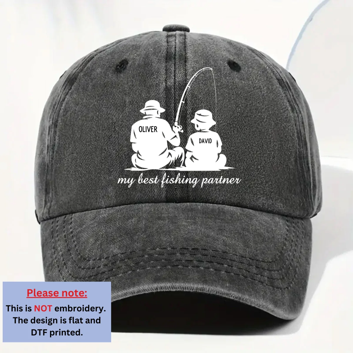 Dad And Son Fishing Memories - Personalized Custom Vintage Washed Denim Cap - Image 7