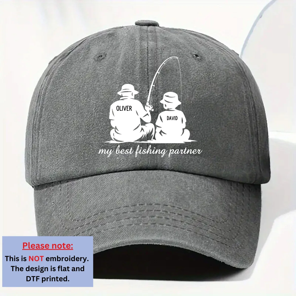 Dad And Son Fishing Memories - Personalized Custom Vintage Washed Denim Cap - Image 8