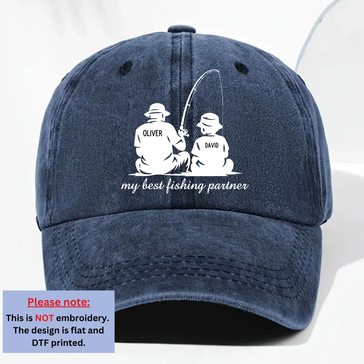 Dad And Son Fishing Memories - Personalized Custom Vintage Washed Denim Cap - Image 9