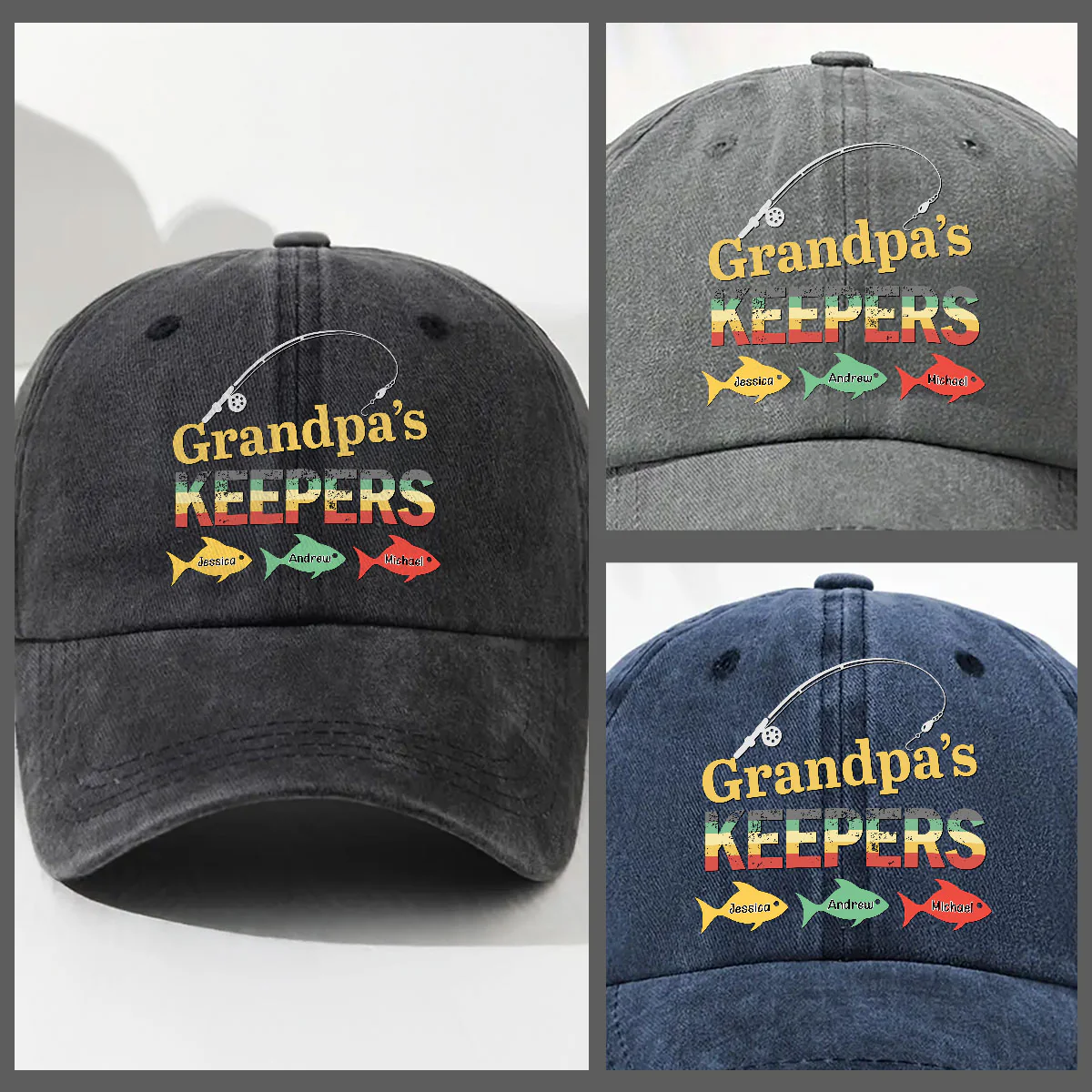 Dad Grandpa Keepers - Personalized Custom Vintage Washed Denim Cap - Image 3