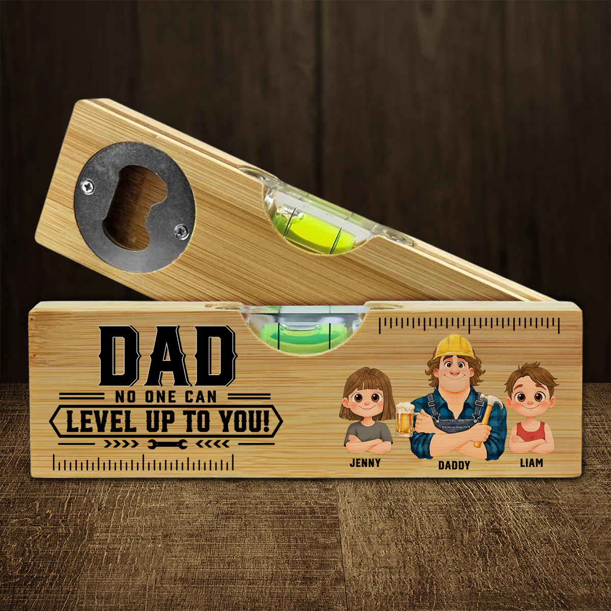 Dad Powered By Love - Personalized Custom Wooden Spirit Level Bottle Opener - Image 2