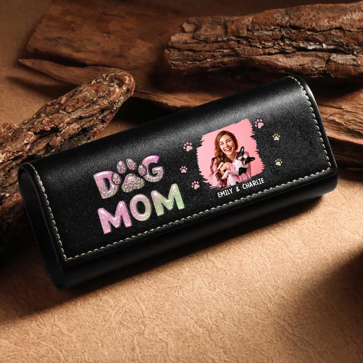 Dog Mom Lovely Chibi Photo- Personalized Custom Leather Eyeglass Case