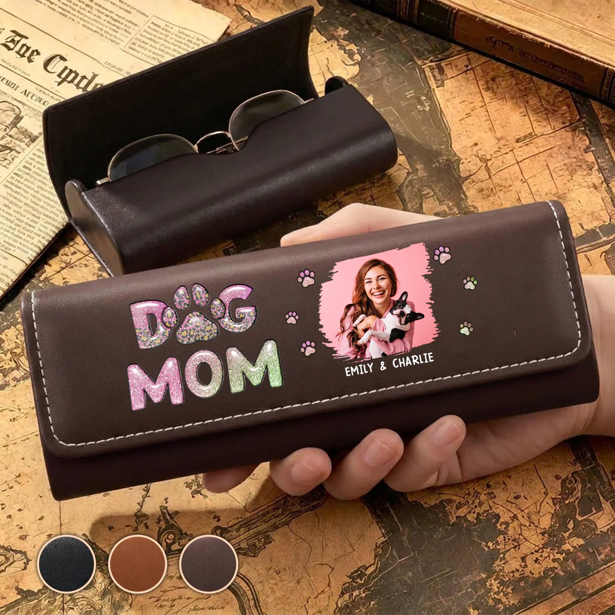 Dog Mom Lovely Chibi Photo- Personalized Custom Leather Eyeglass Case - Image 3