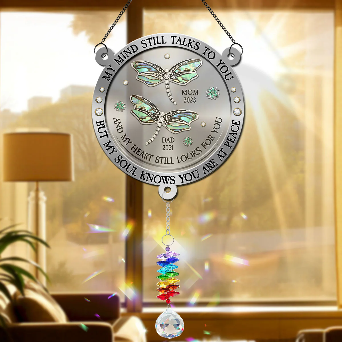 Dragonfly My Mind My Heart My Soul - Personalized Custom Suncatcher With Crystal Rainbow Charm - Image 3