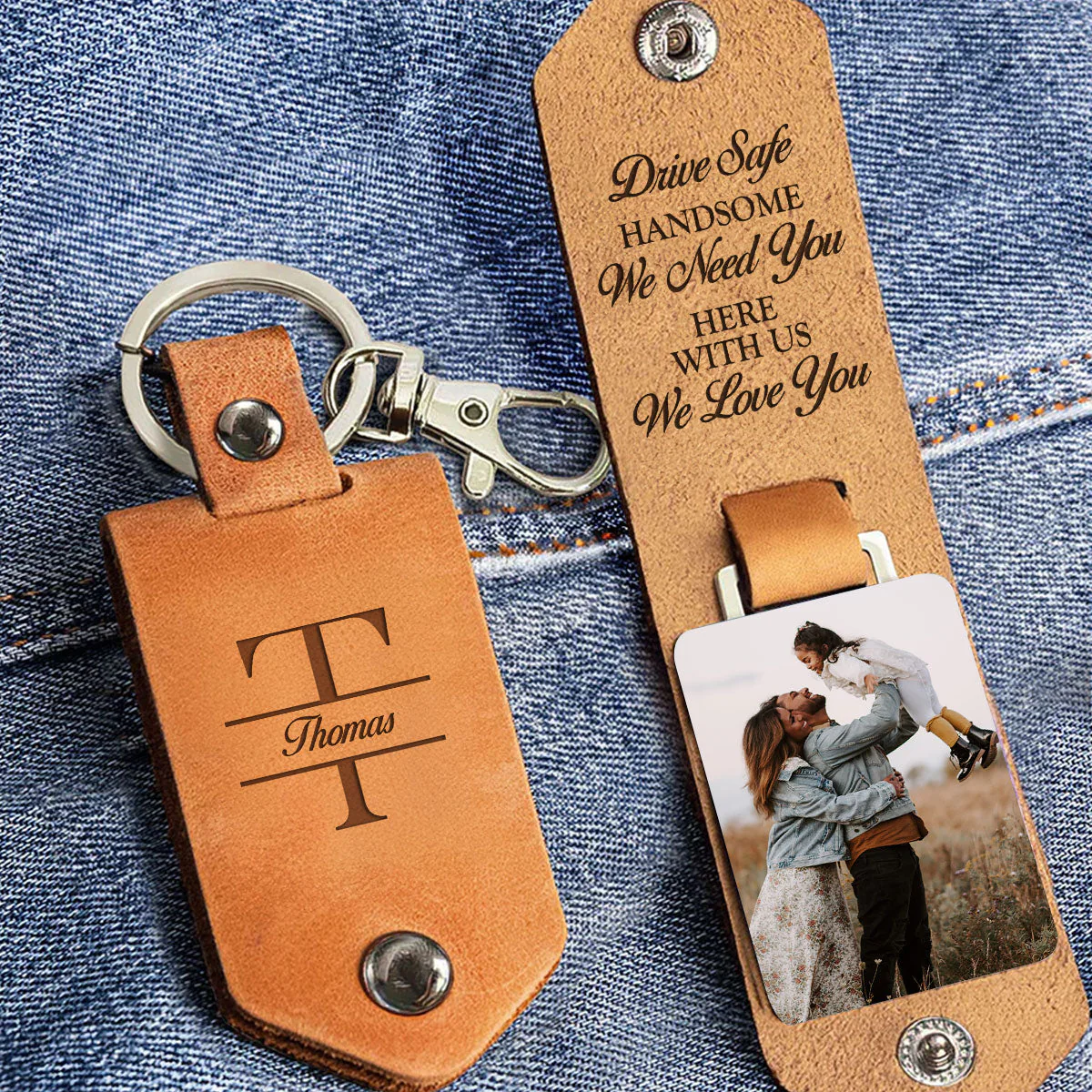 Drive Safe Handsome I Love You - Personalized Leather Photo Keychain - Image 2