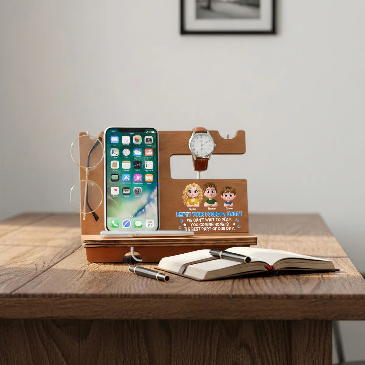 Empty Your Pockets Daddy - Personalized Custom Wood Phone Docking Station - Image 3