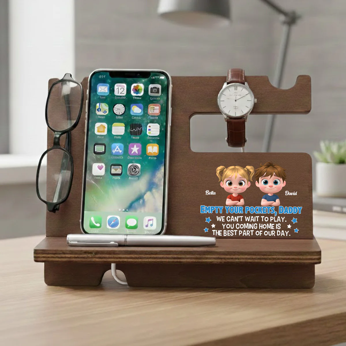 Empty Your Pockets Daddy - Personalized Custom Wood Phone Docking Station - Image 5