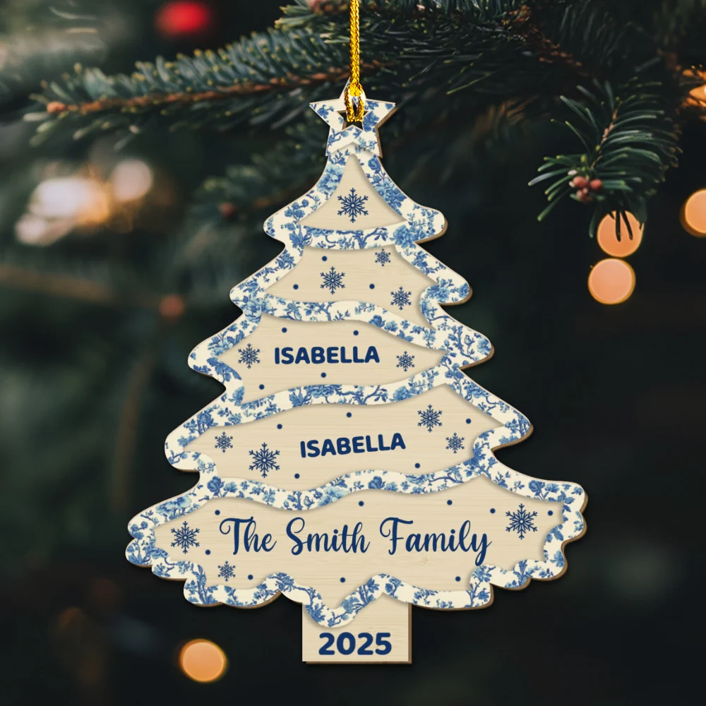 Family Names Christmas Tree Toile De Jouy - Personalized Custom Wood Ornament - Image 5