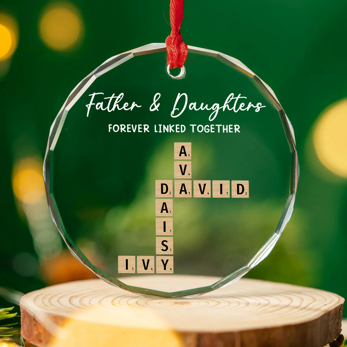 Father With Daughters Linked By Love - Personalized Custom Glass Ornament - Image 2