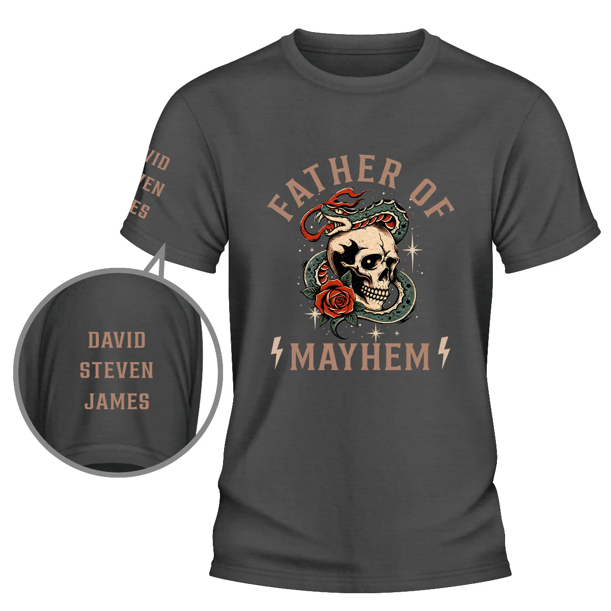 Fatherhood Fueled By Mayhem - Personalized Custom Shirt With Design On Sleeve - Image 3