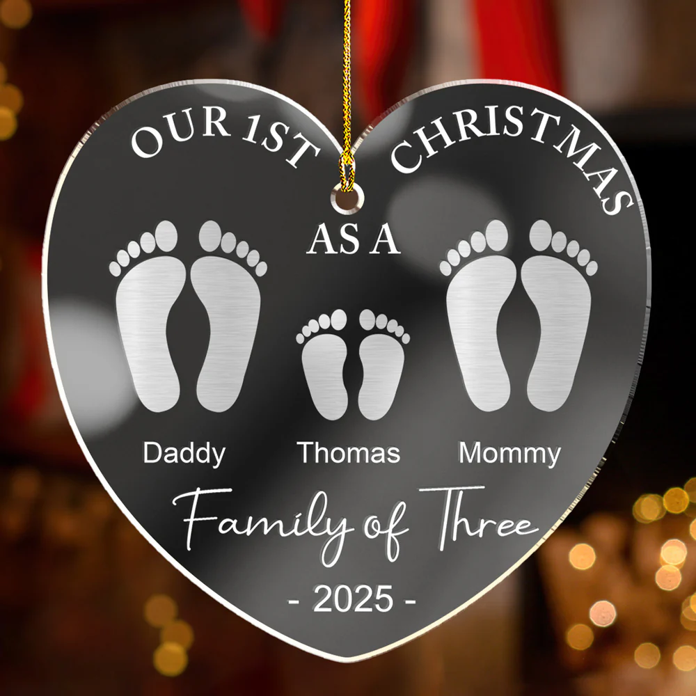 First Christmas As A Family Footprints - Personalized Custom Mirrored Acrylic Ornament
