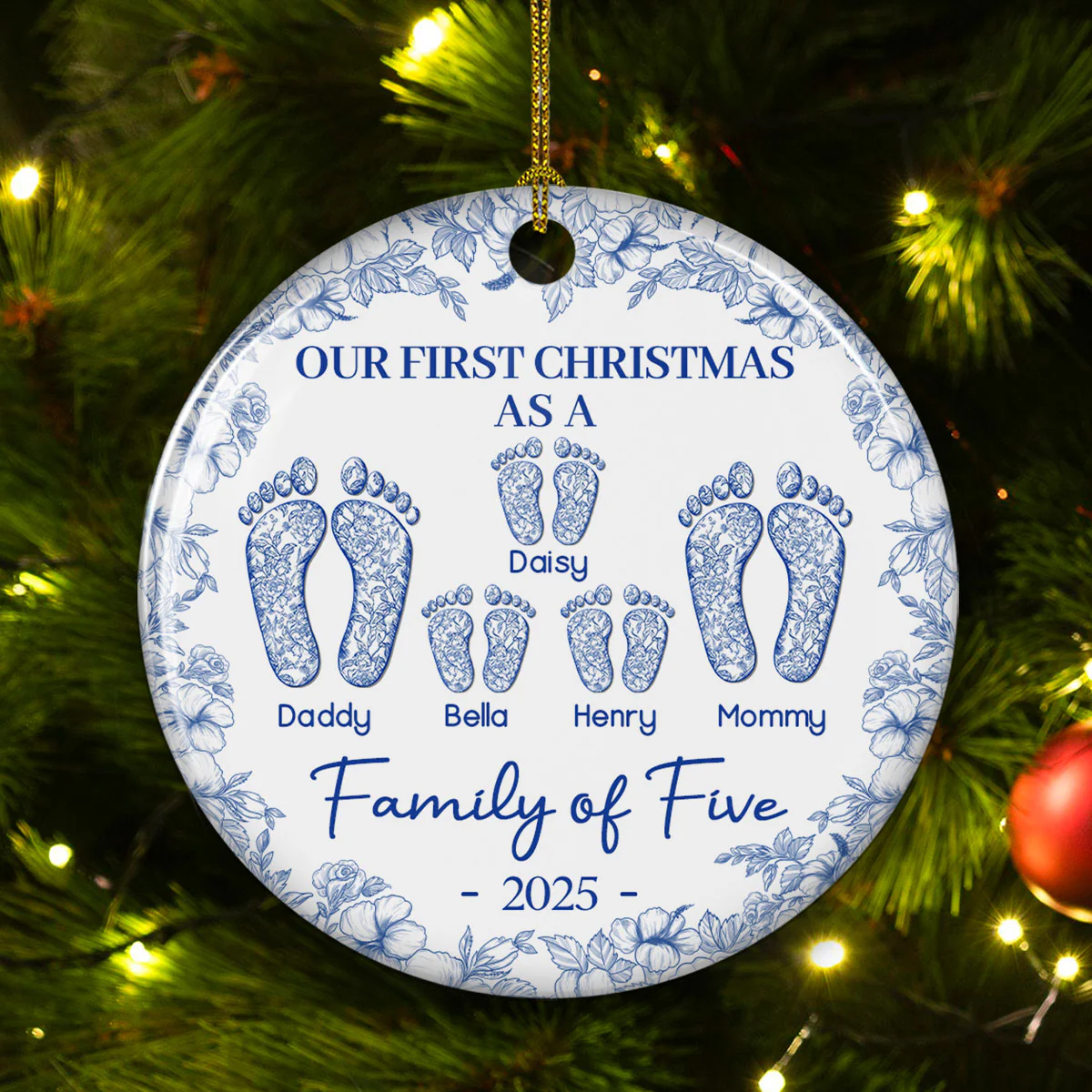 First Christmas As A Family Of Four Toile Footprints - Personalized Custom Ceramic Ornament - Image 3