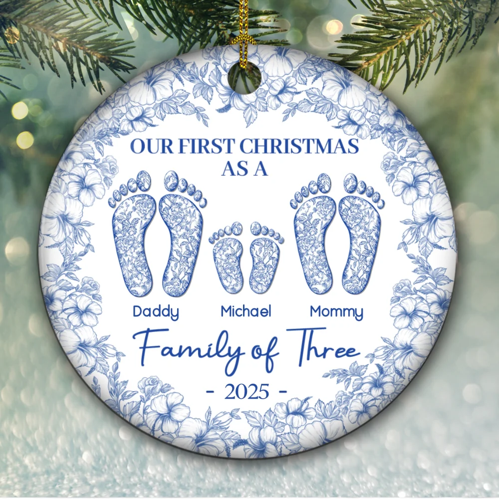 First Christmas As A Family Of Four Toile Footprints - Personalized Custom Ceramic Ornament - Image 5
