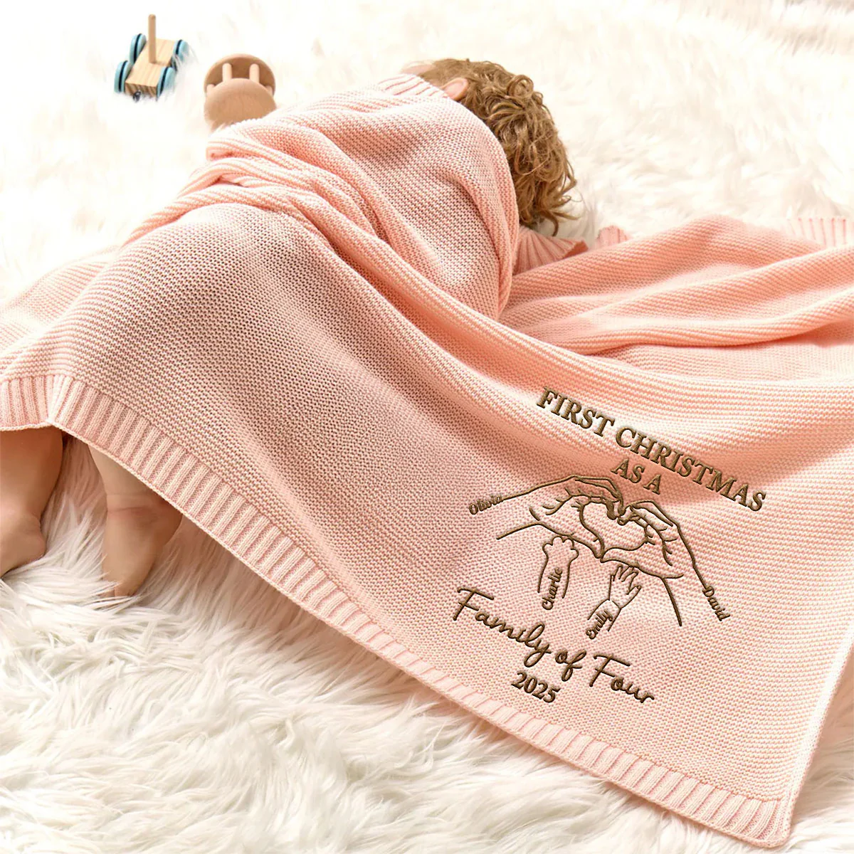 First Christmas Family Of Three - Personalized Custom Embroidered Knitted Baby Blanket - Image 3