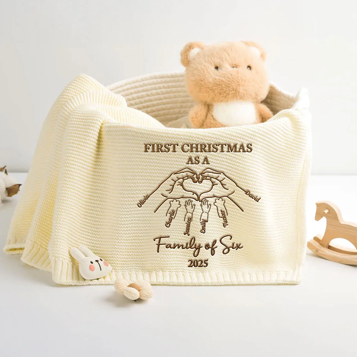 First Christmas Family Of Three - Personalized Custom Embroidered Knitted Baby Blanket - Image 4