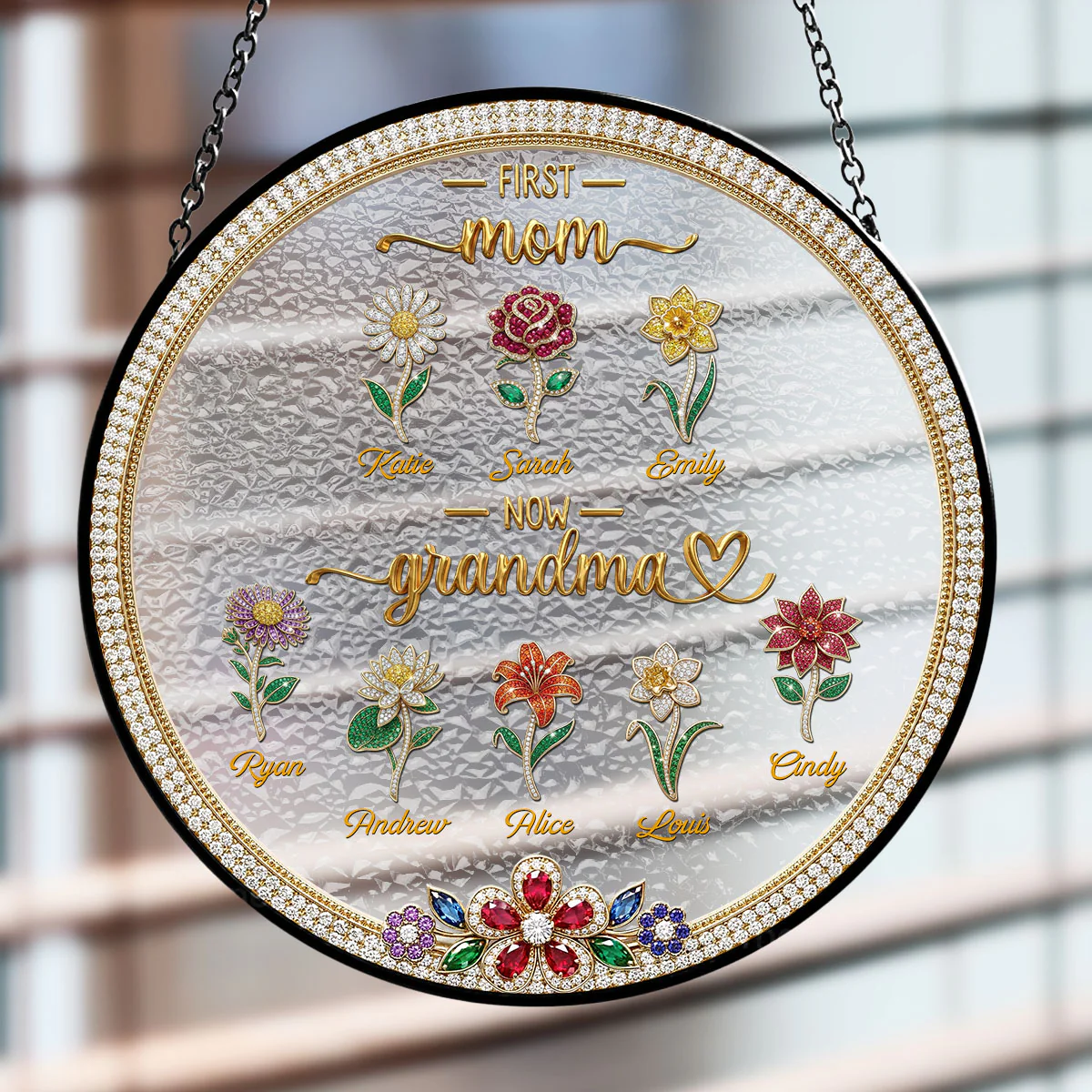 First Mom Now Grandma Flowers - Personalized Custom Window Hanging Suncatcher - Image 2