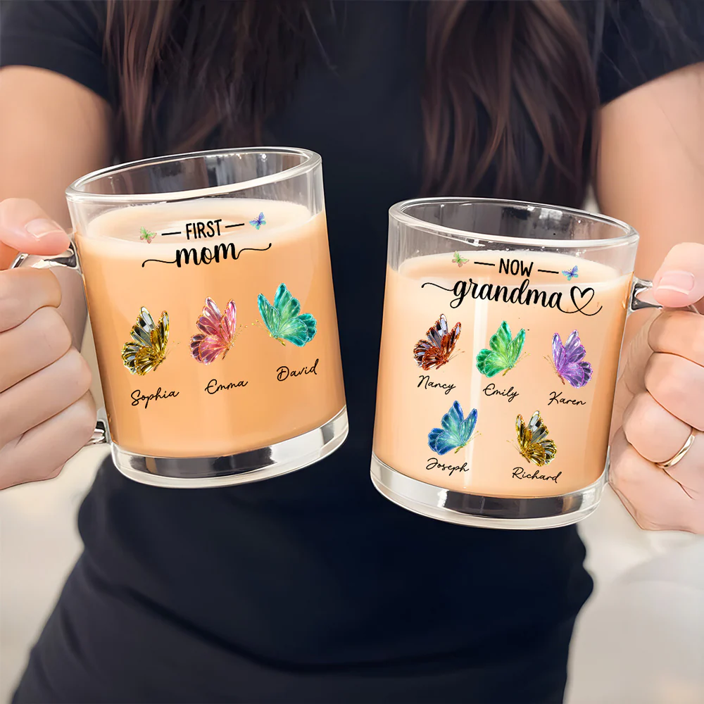 First Mom Now Grandma Lovely Butterflies - Personalized Custom Glass Mug - Image 5