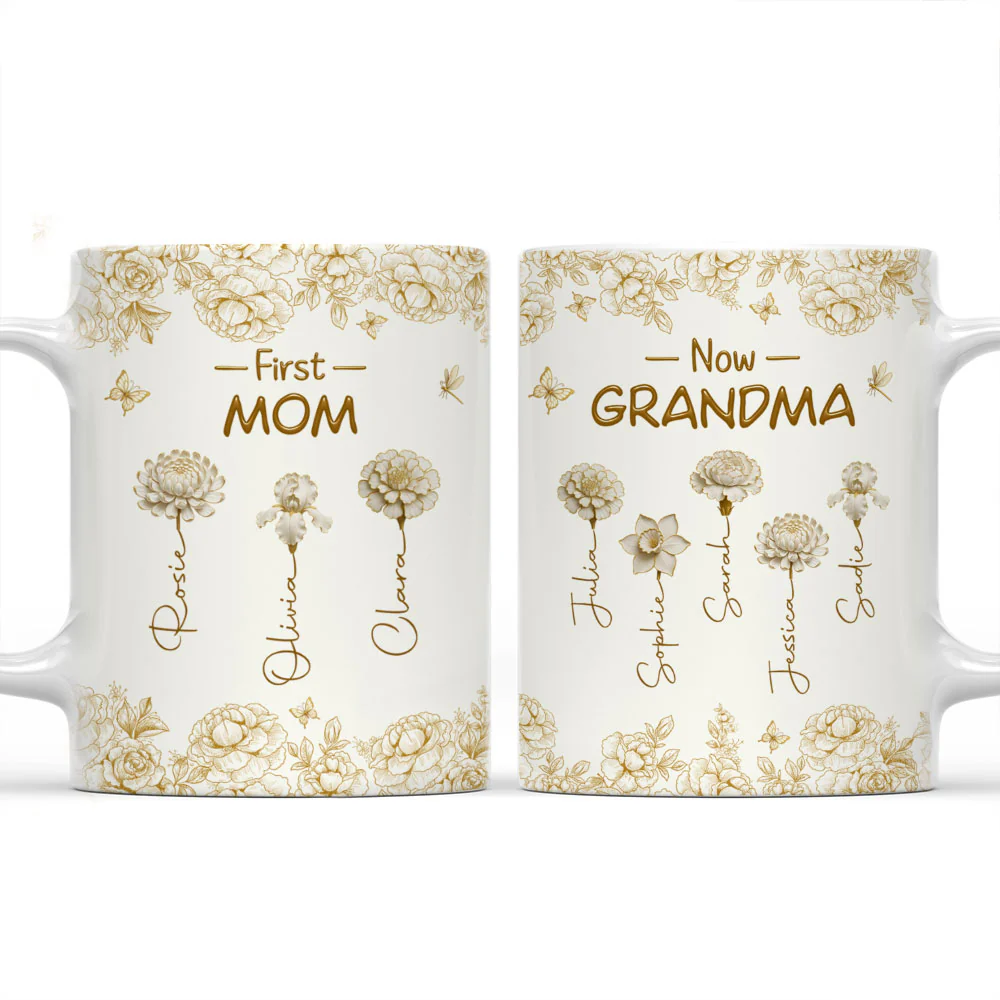 First Mom Now Grandma Of Lovely Flowers - Personalized Custom Coffee Mug