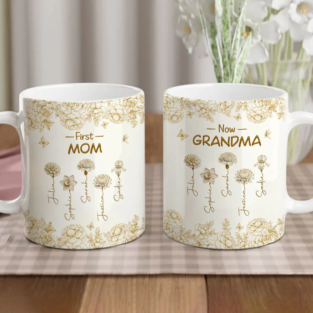 First Mom Now Grandma Of Lovely Flowers - Personalized Custom Coffee Mug - Image 5