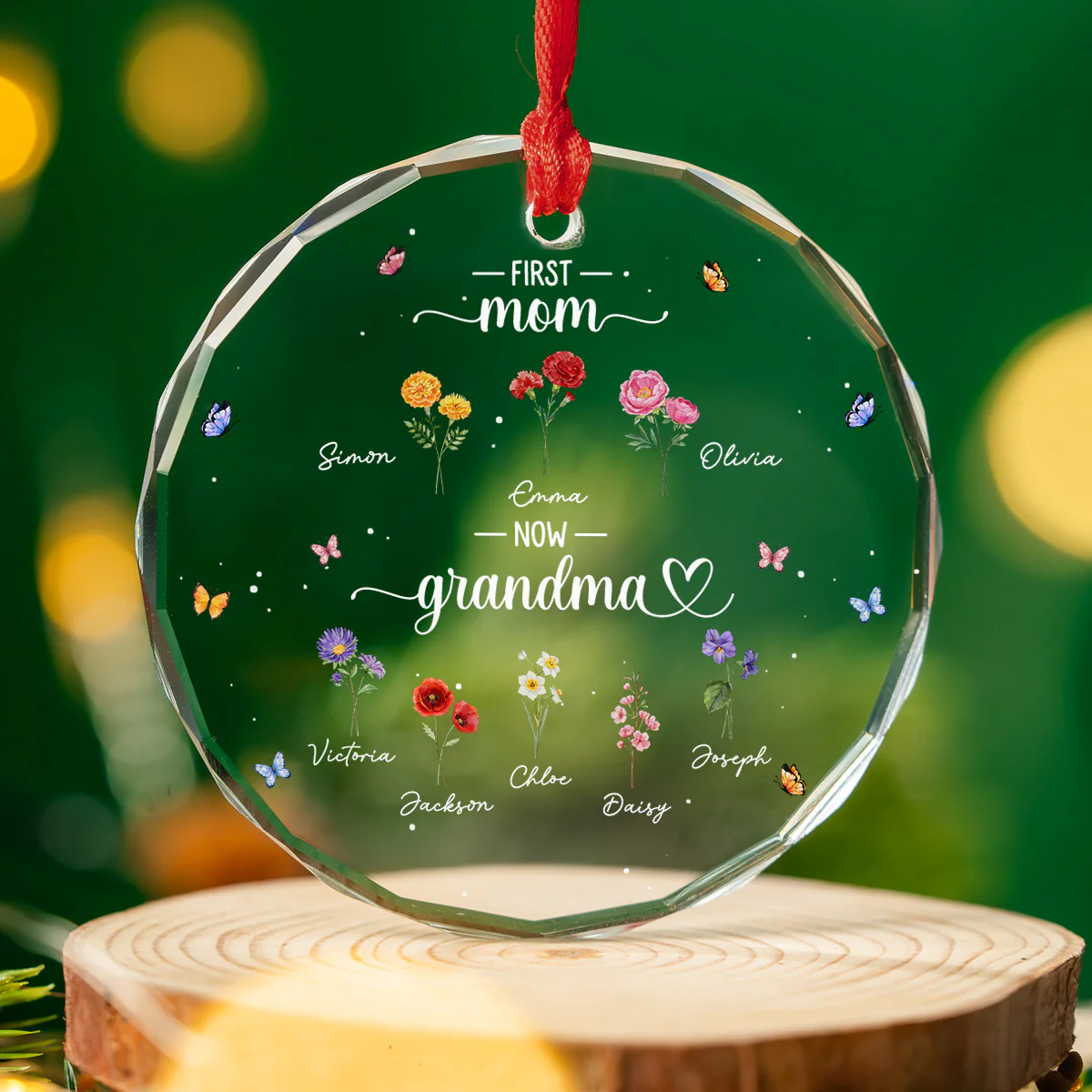 First Mom Now Happiness Grandma - Personalized Custom Glass Ornament - Image 3