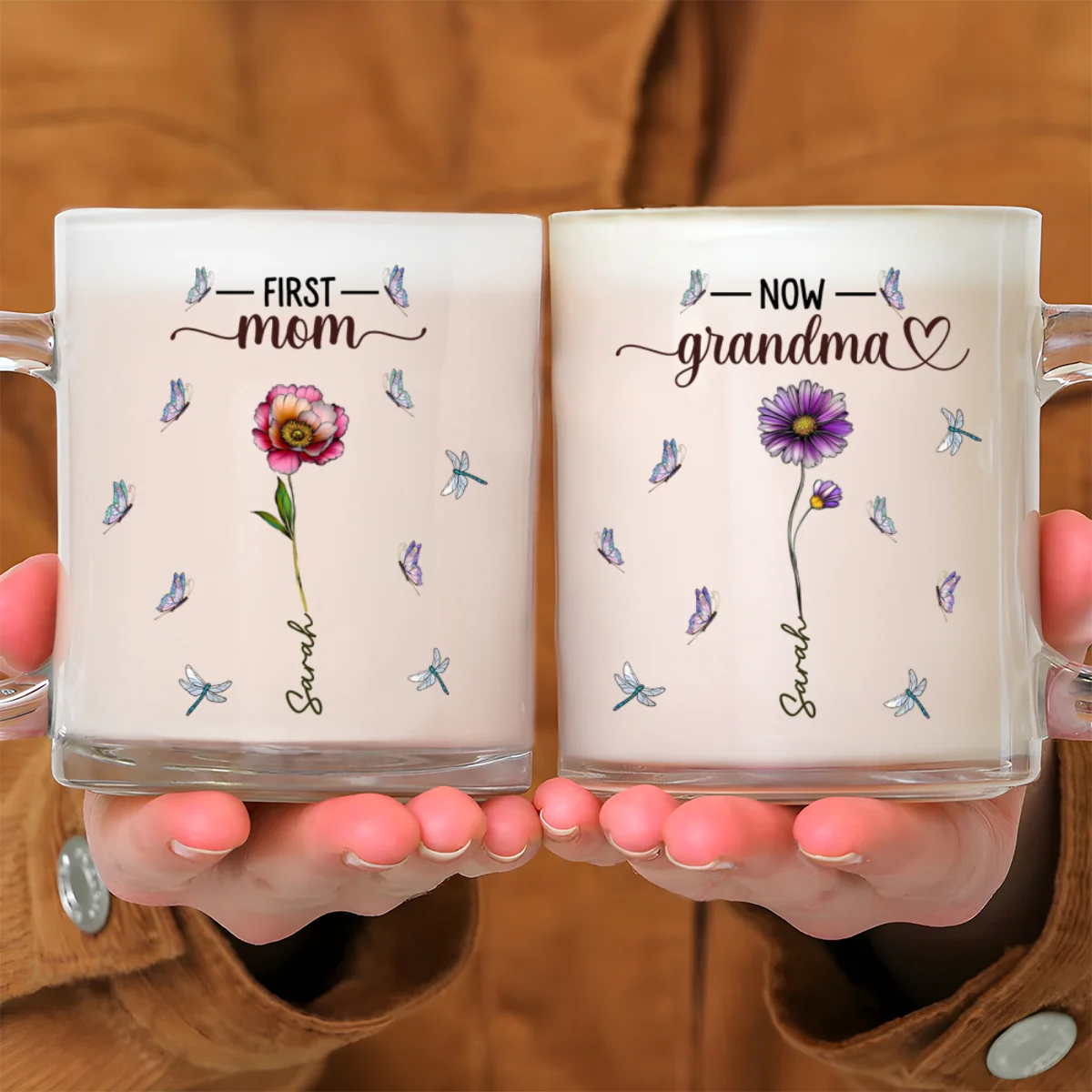 First Mom Now Nana Birthmonth Flower - Personalized Custom Glass Mug - Image 6