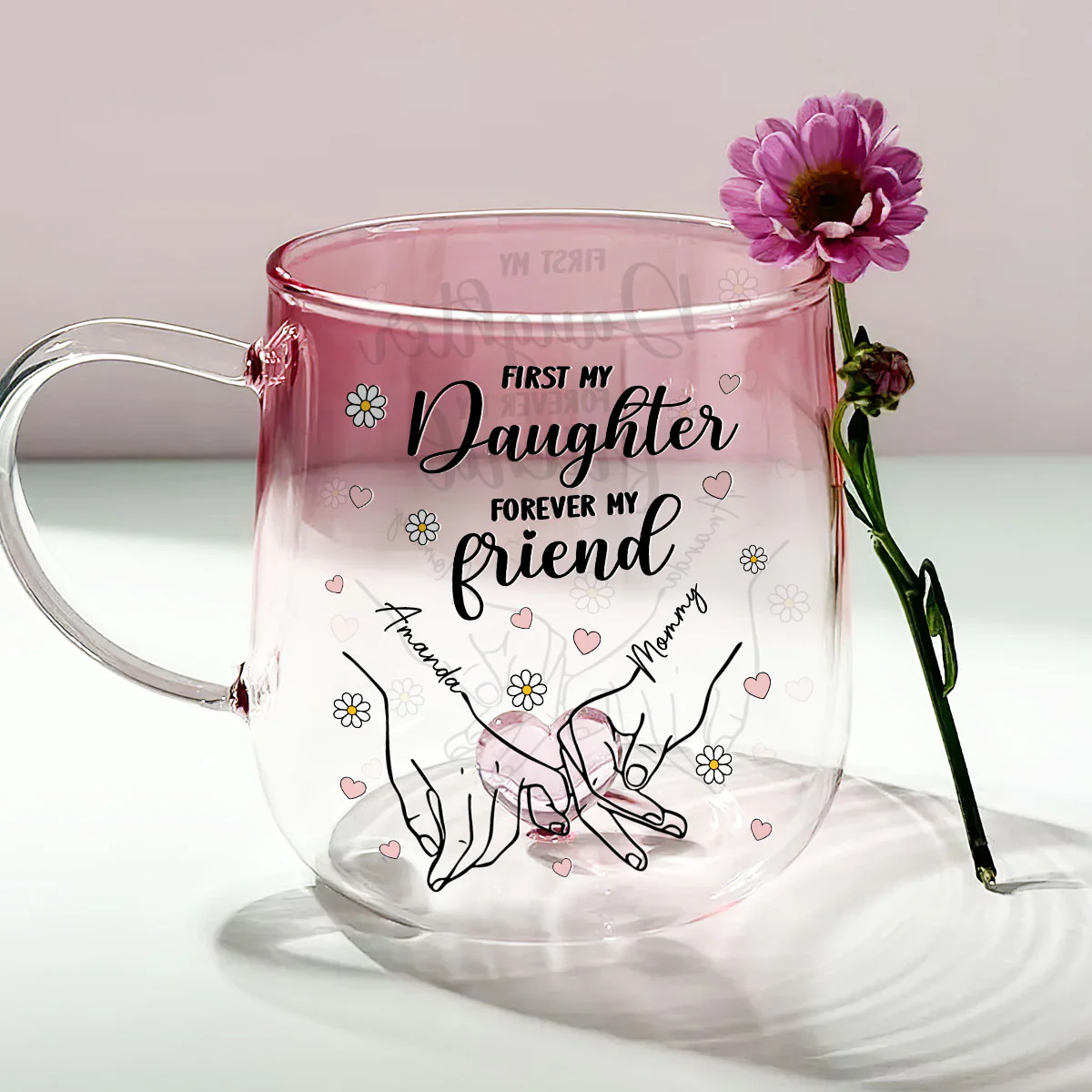 First My Daughter Forever My Friend - Personalized Custom Pink Gradient Glass Mug - Image 2