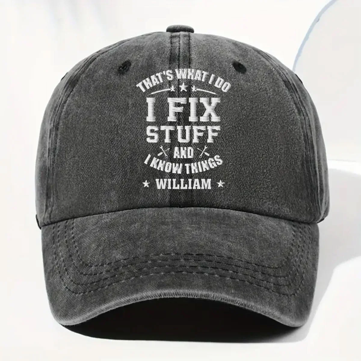 Fix Stuff And Know Things - Personalized Custom Vintage Washed Denim Cap - Image 8