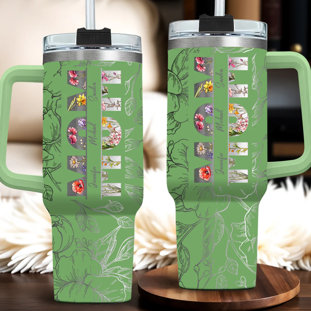 Floral Mom - Personalized Custom Engraved 40oz Tumbler With Handle - Image 2