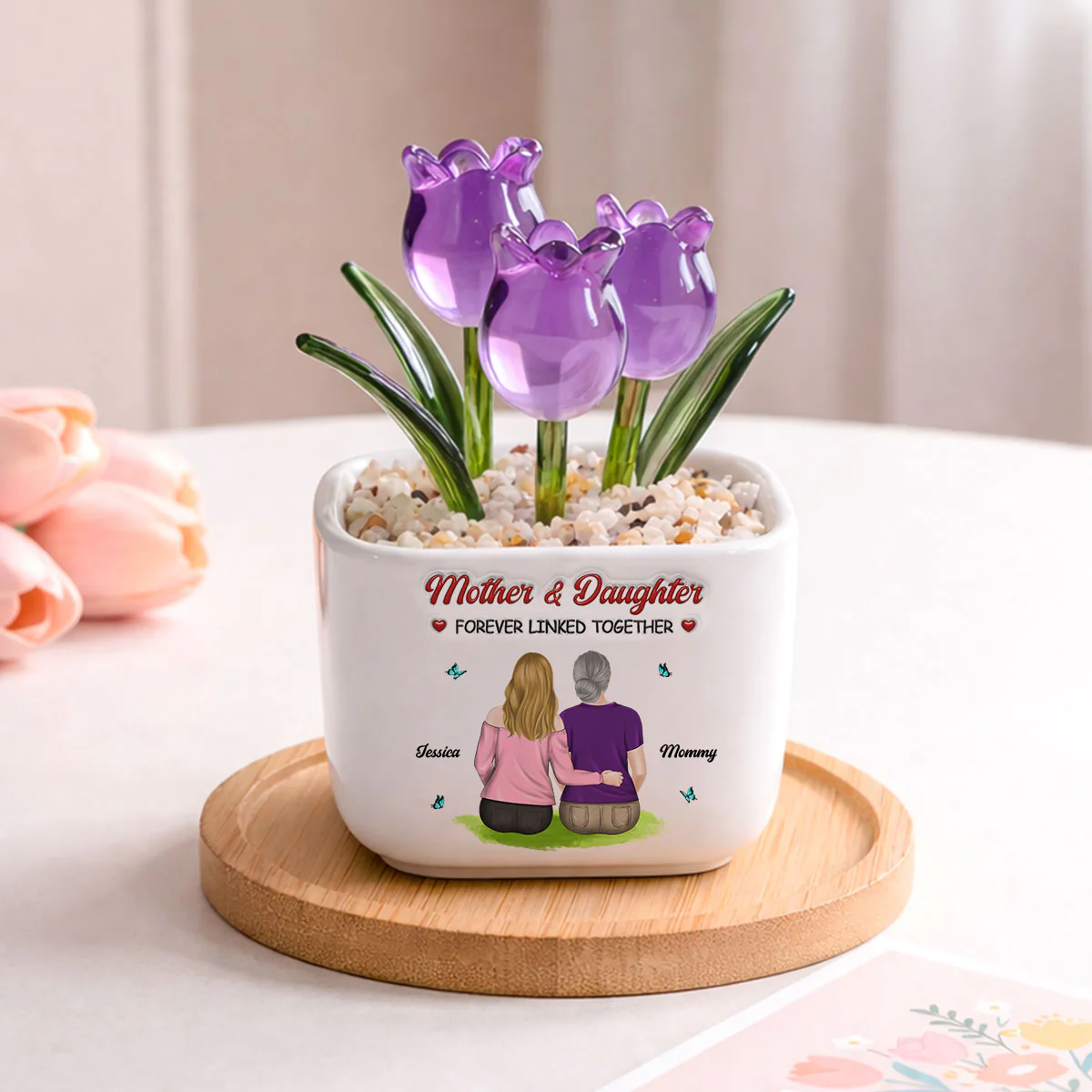 Forever Connected Mother Daughter - Personalized Custom 3D Inflated Effect Glass Everlasting Tulips