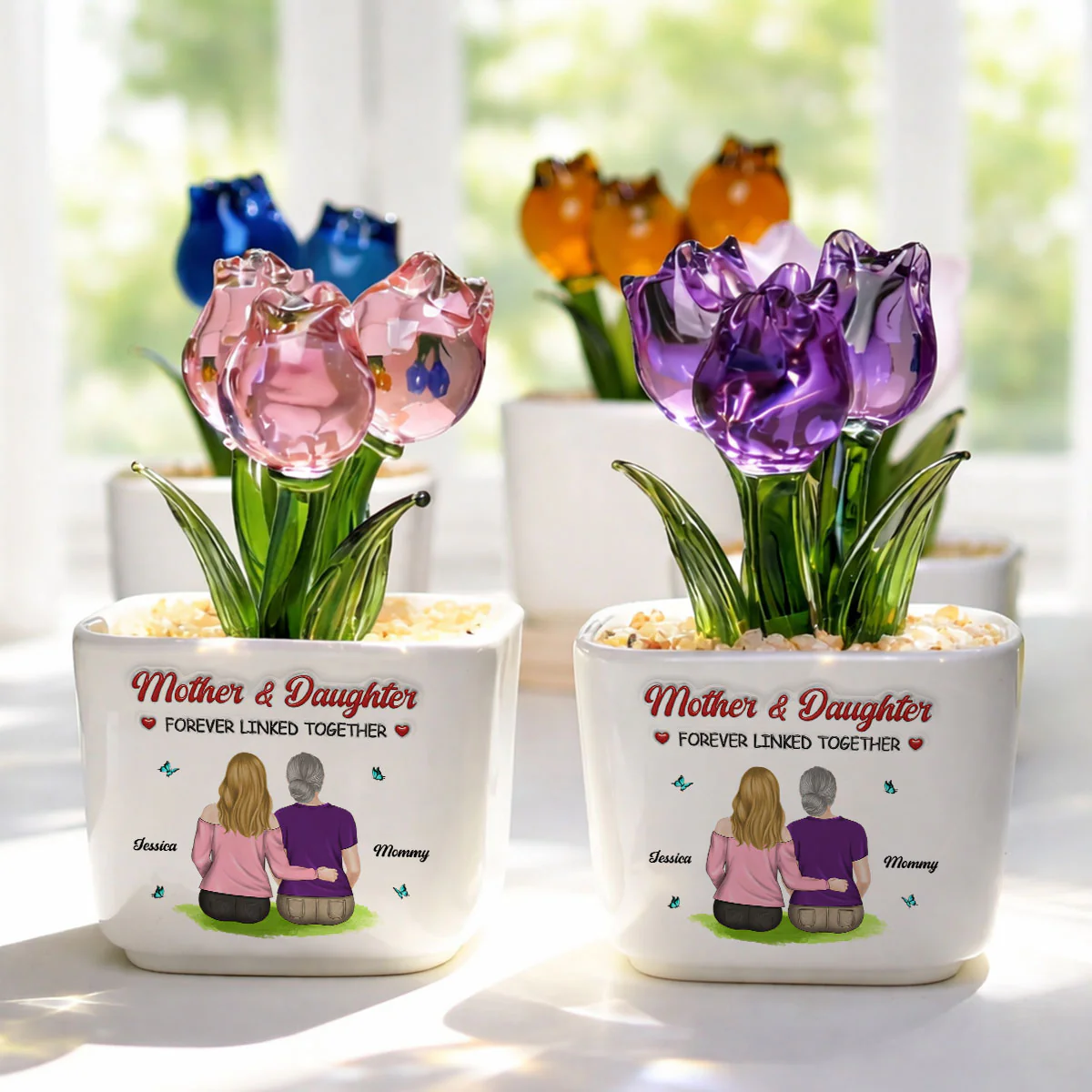 Forever Connected Mother Daughter - Personalized Custom 3D Inflated Effect Glass Everlasting Tulips - Image 3