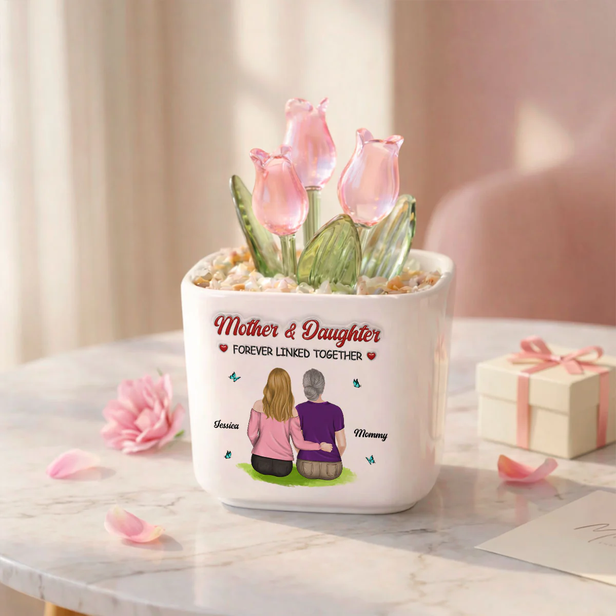 Forever Connected Mother Daughter - Personalized Custom 3D Inflated Effect Glass Everlasting Tulips - Image 5
