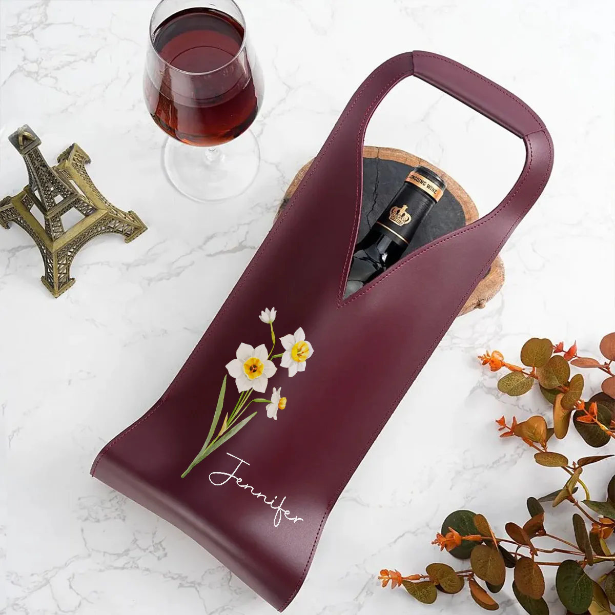 Friends Are Flowers That Never Fade - Personalized Custom Leather Wine Bag - Image 2