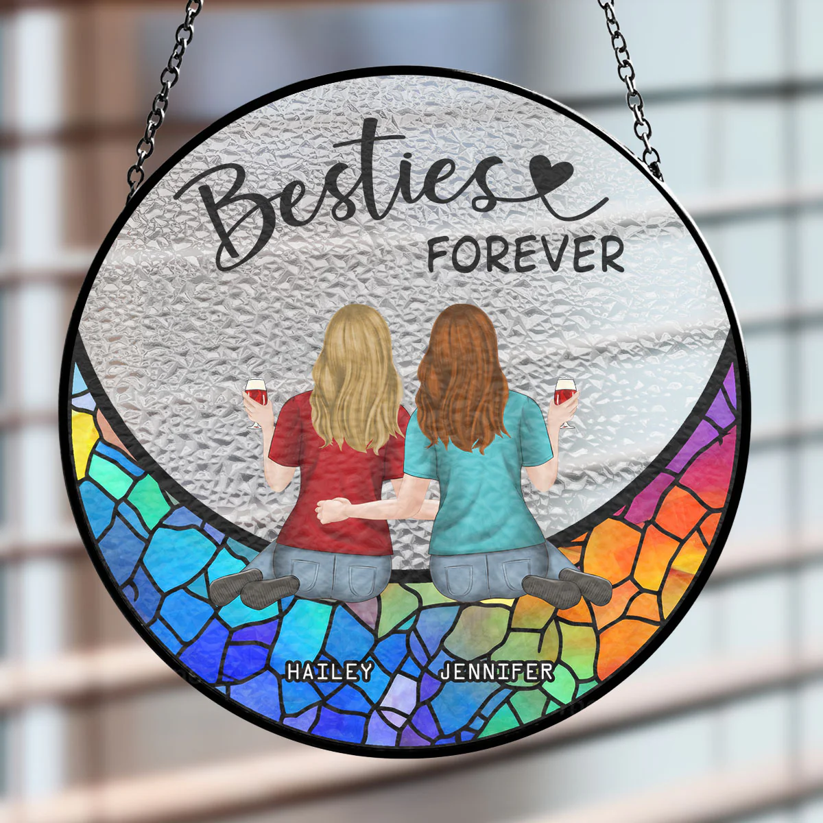 Friends Sitting On The Moon Version 2 - Personalized Custom Window Hanging Suncatcher - Image 2
