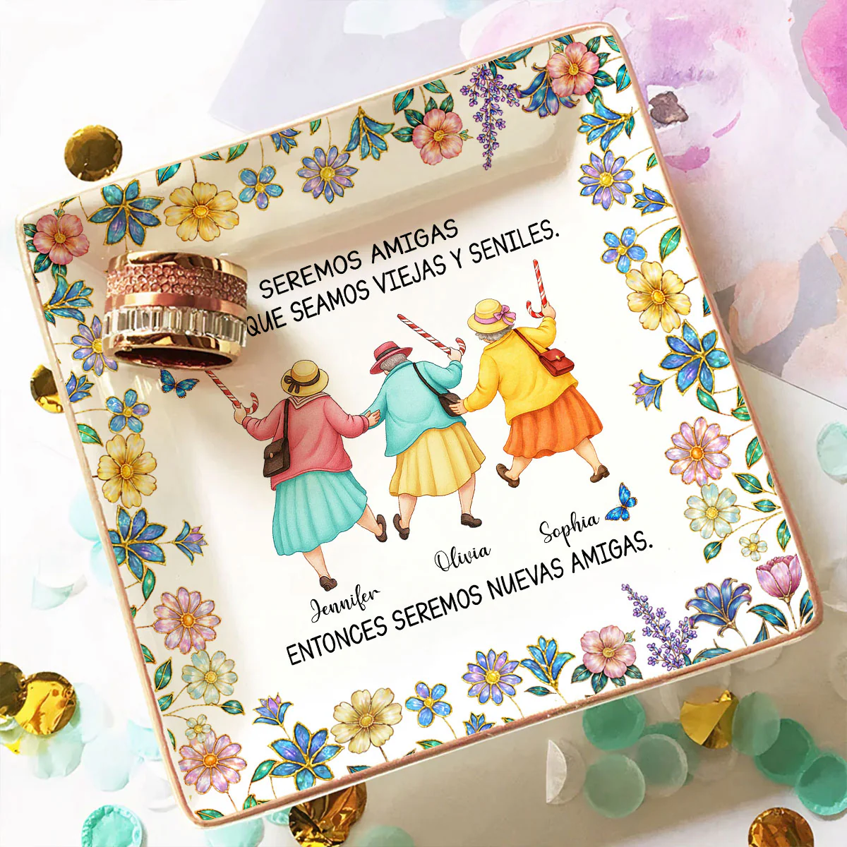 Friends Until We Are Old And Senile Spanish - Personalized Custom Jewelry Dish - Image 2
